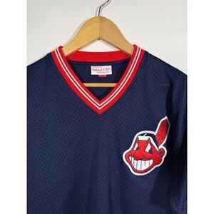 Mitchell & Ness Cleveland Indians Jersey Navy Blue Mesh V-Neck #30 Mens 44 L